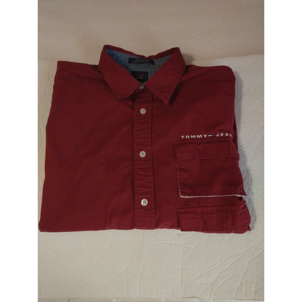 Vintage Men's Tommy Jean‎ Button Up Shirt Cargo Pockets Red XXL